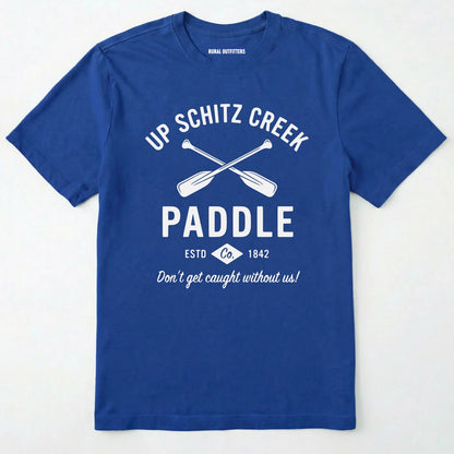 Royal t-shirt with white text and oar graphics on a white background