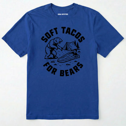 Royal funny bear shirt with bear graphic and text 'soft tacos for bears' on a white background.
