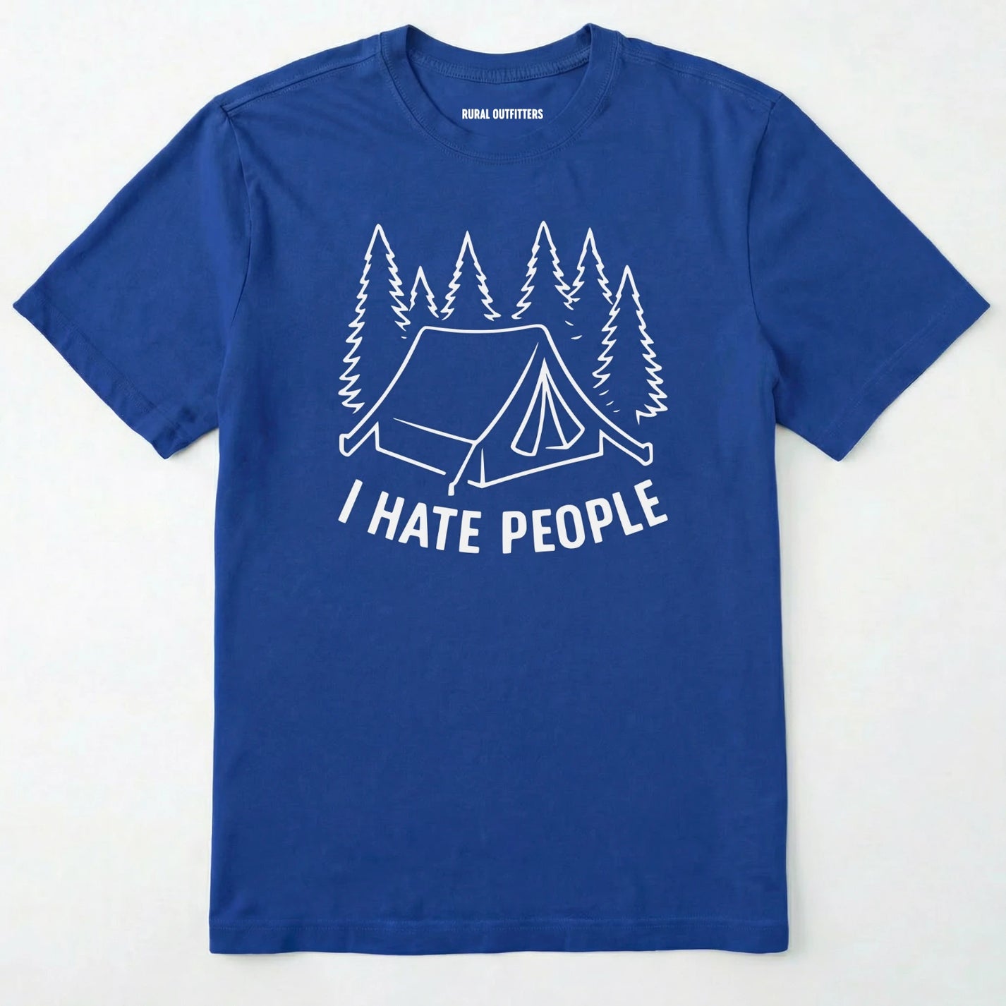Royal i hate everybody t-shirt with tent and pine tree graphic on a white background.