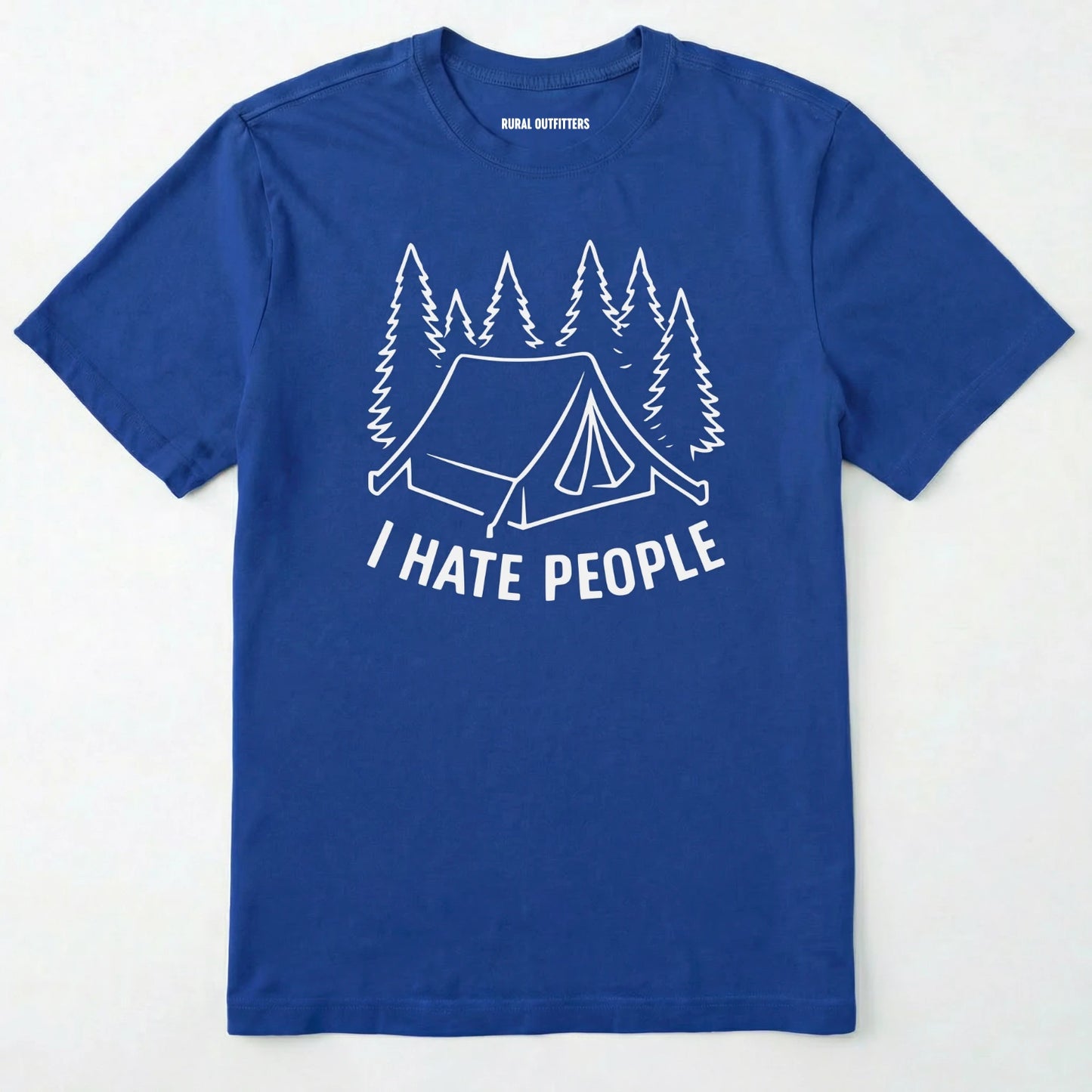 Royal i hate everybody t-shirt with tent and pine tree graphic on a white background.
