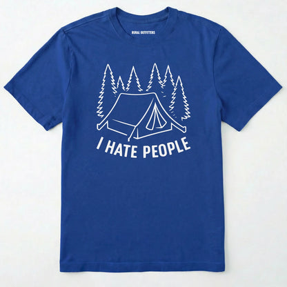 Royal i hate everybody t-shirt with tent and pine tree graphic on a white background.