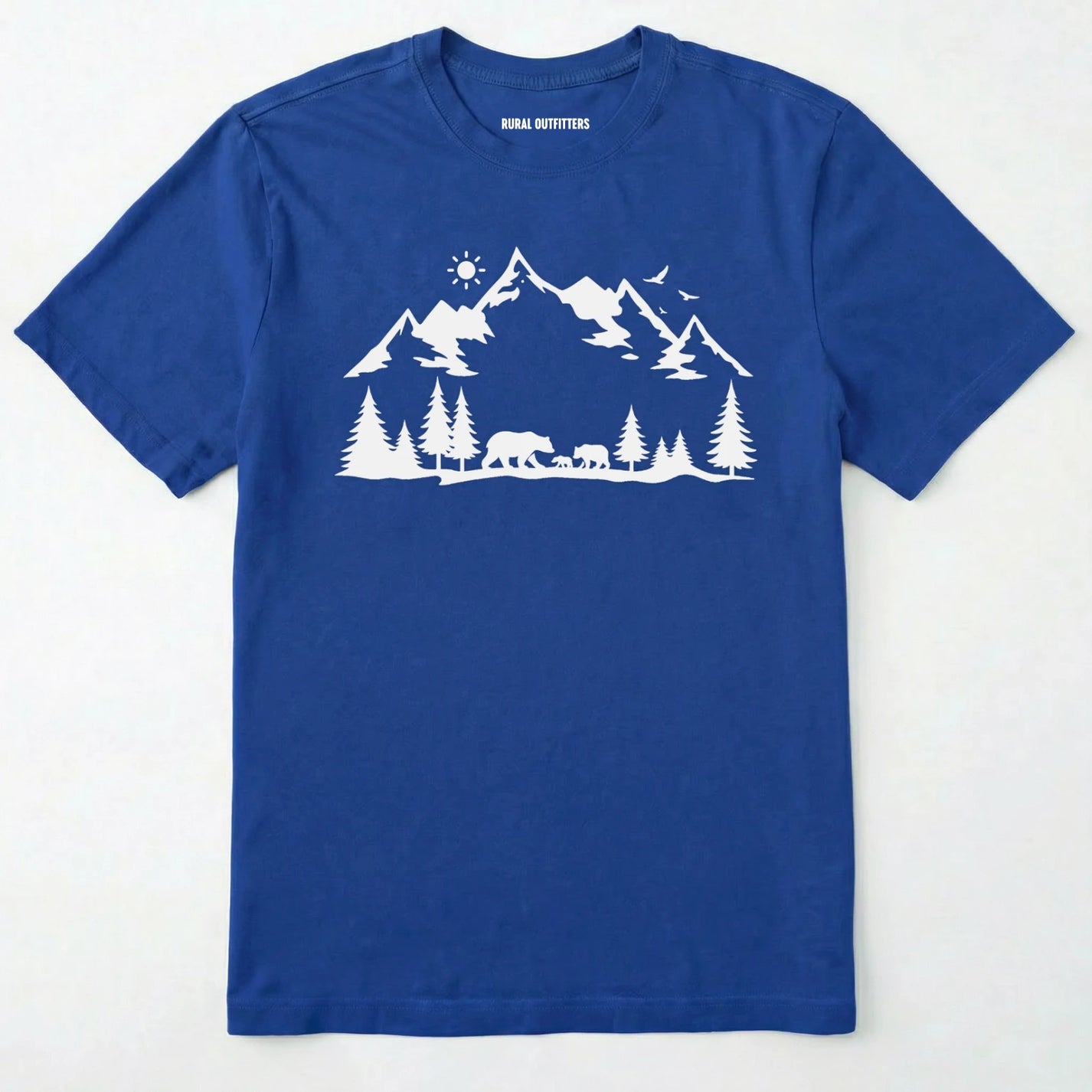 Royal wildlife t-shirt with white mountain and bear design, on a plain white background.