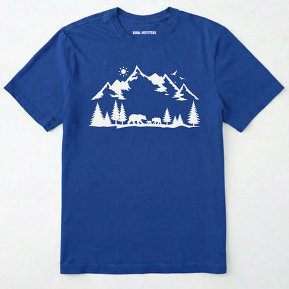 Royal wildlife t-shirt with white mountain and bear design, on a plain white background.