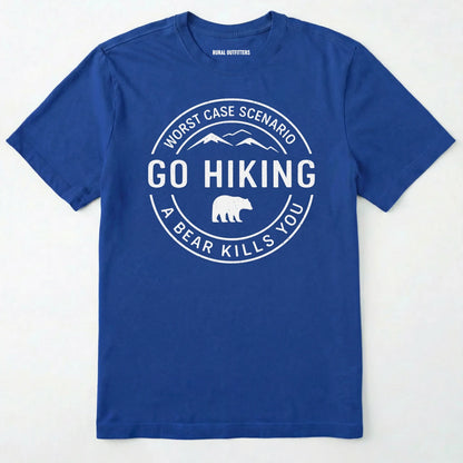 Royal funny hiking shirt with circular go hiking graphic and bear illustration on a white background.