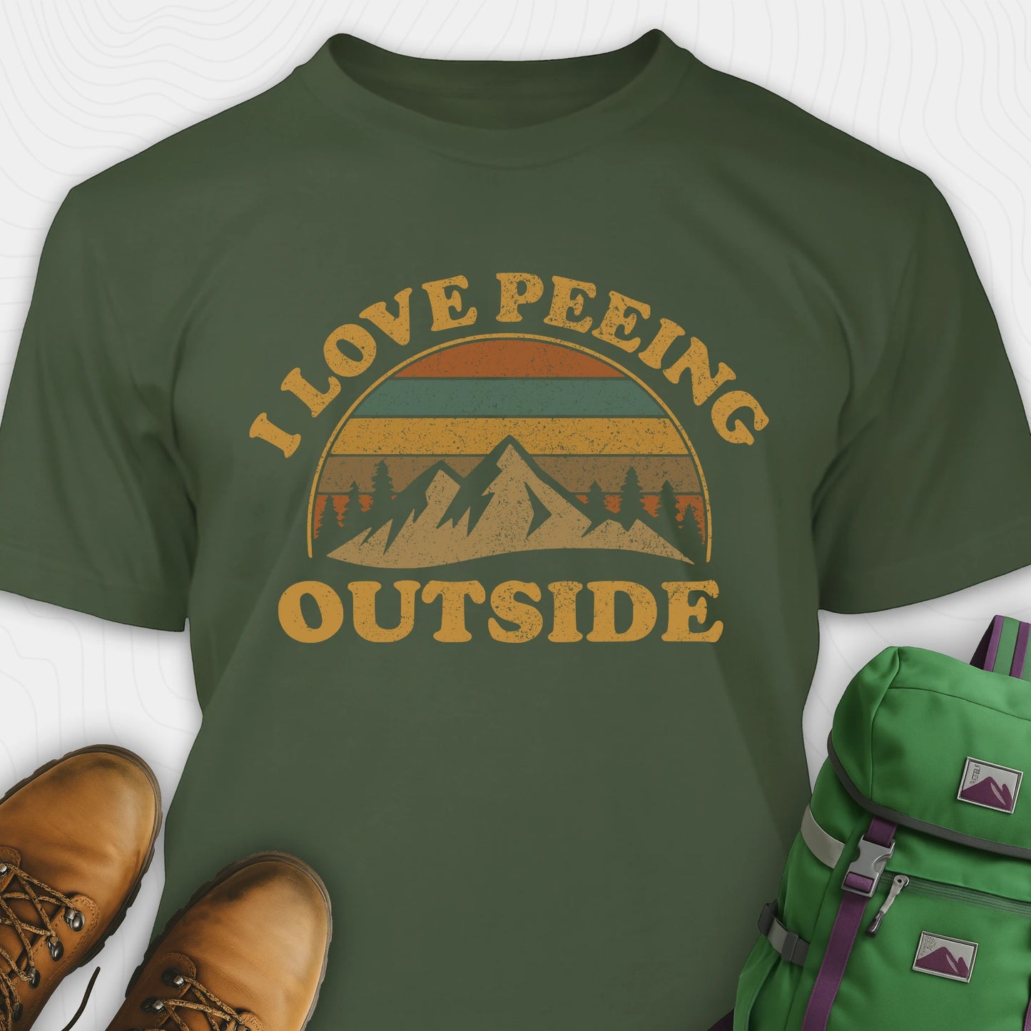 Green I pee outside shirt with retro mountain graphic