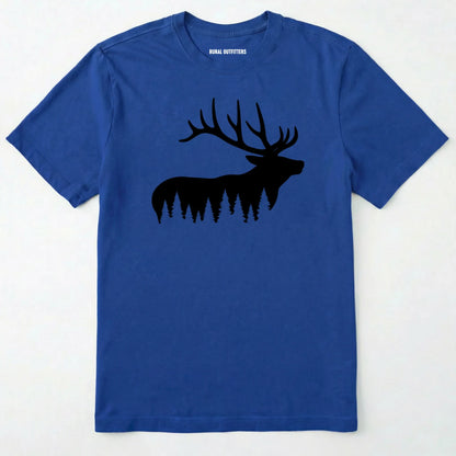 Royal elk shirt with black elk silhouette design on a white background.