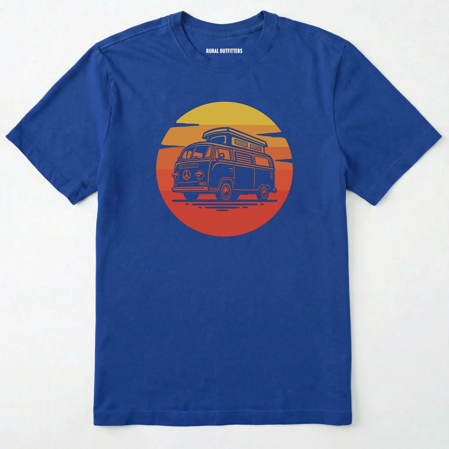 Royal camper shirt featuring a vintage rv design with a warm sunset.