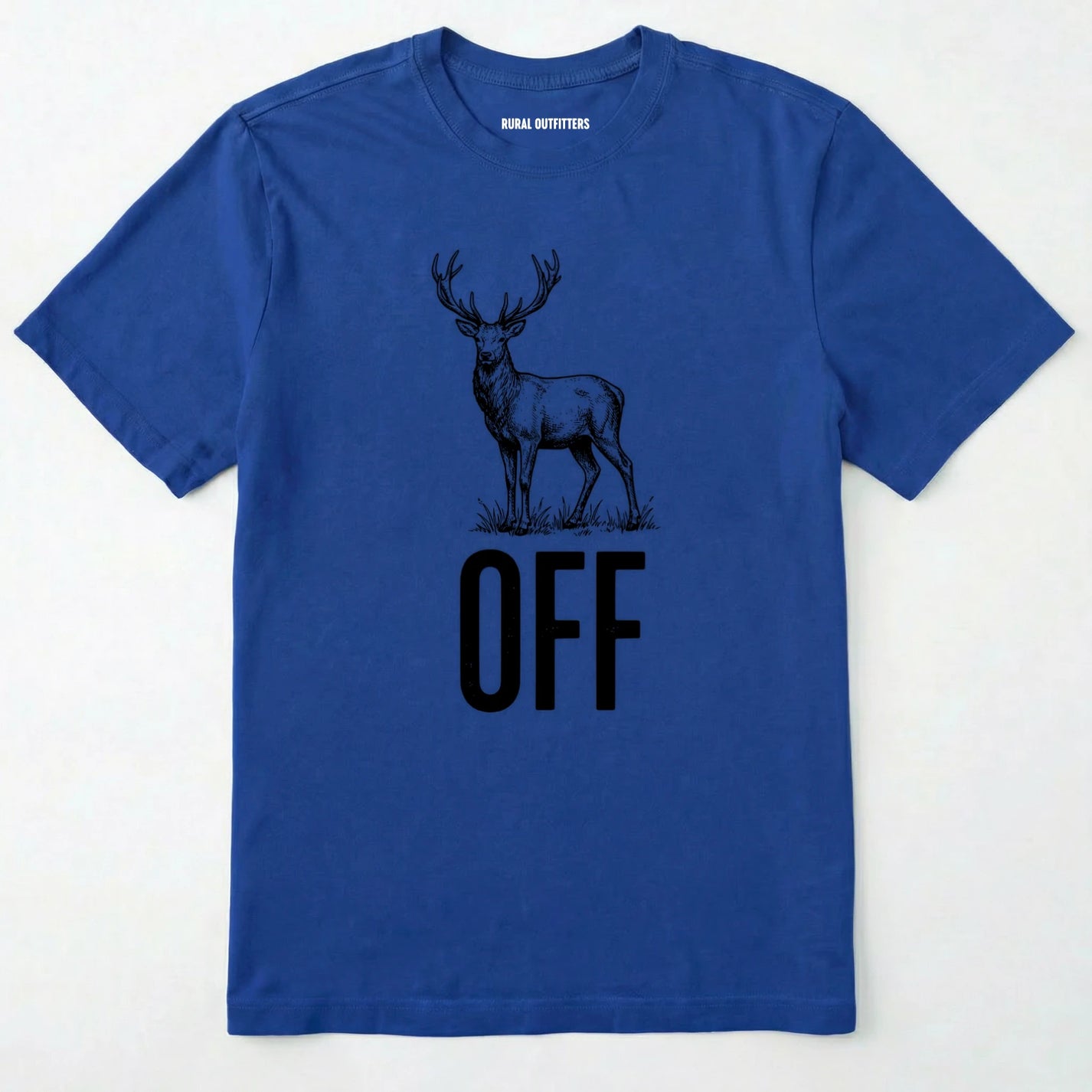 Royal t-shirt with a black deer graphic and 'off' text on a white background