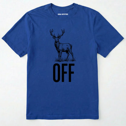 Royal t-shirt with a black deer graphic and 'off' text on a white background