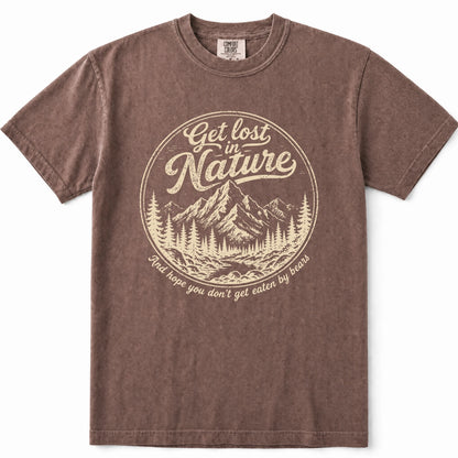 Espresso short-sleeve crewneck t-shirt with a vintage-style circular graphic on the chest featuring a mountain and pine tree illustration, with the text 'Get lost in Nature' and 'You hope you don't get eaten by bears'.
