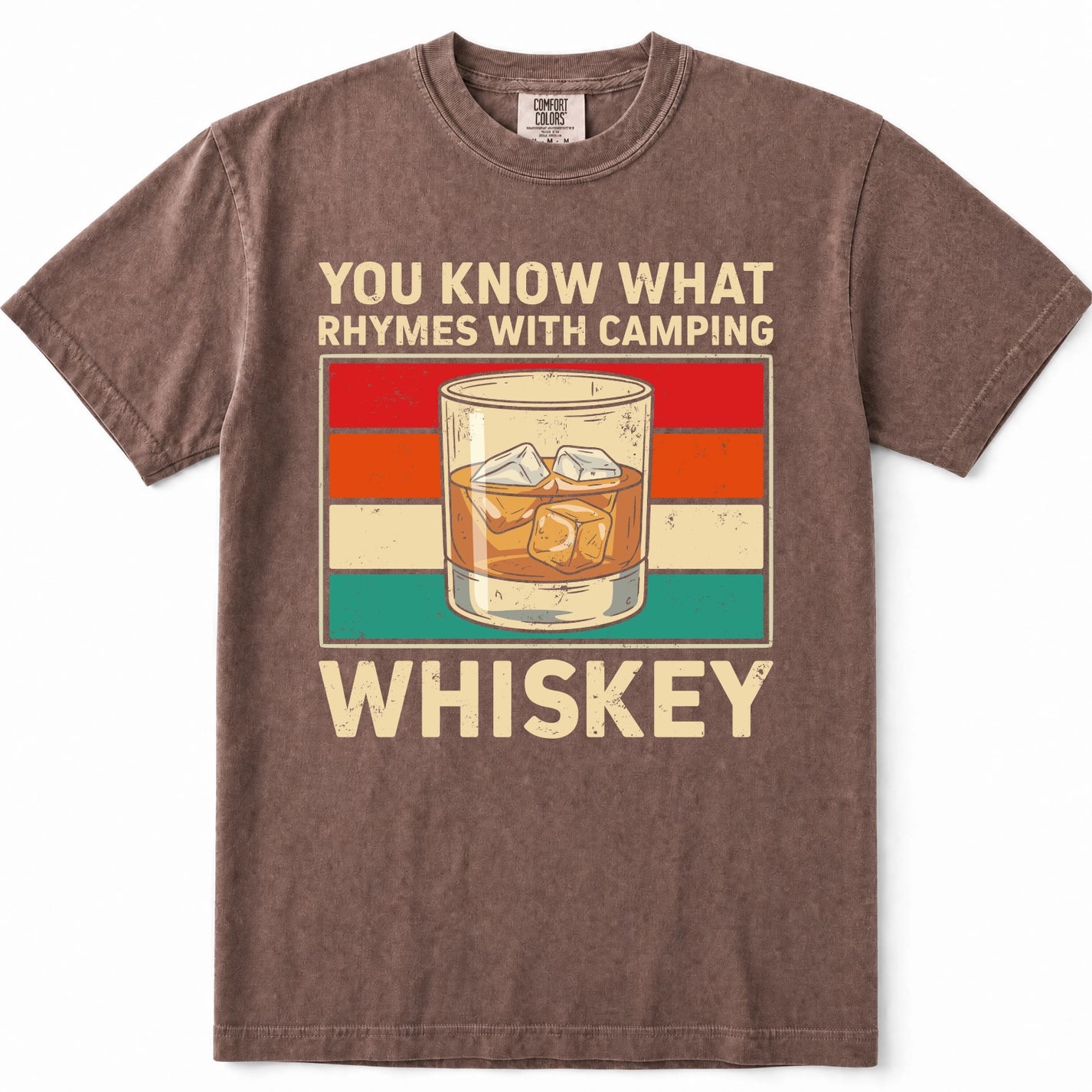 Espresso short-sleeve crewneck t-shirt with a vintage-style graphic that reads 'YOU KNOW WHAT RHYMES WITH CAMPING WHISKEY' around an illustration of a whiskey glass. The shirt is shown flat against a white background.