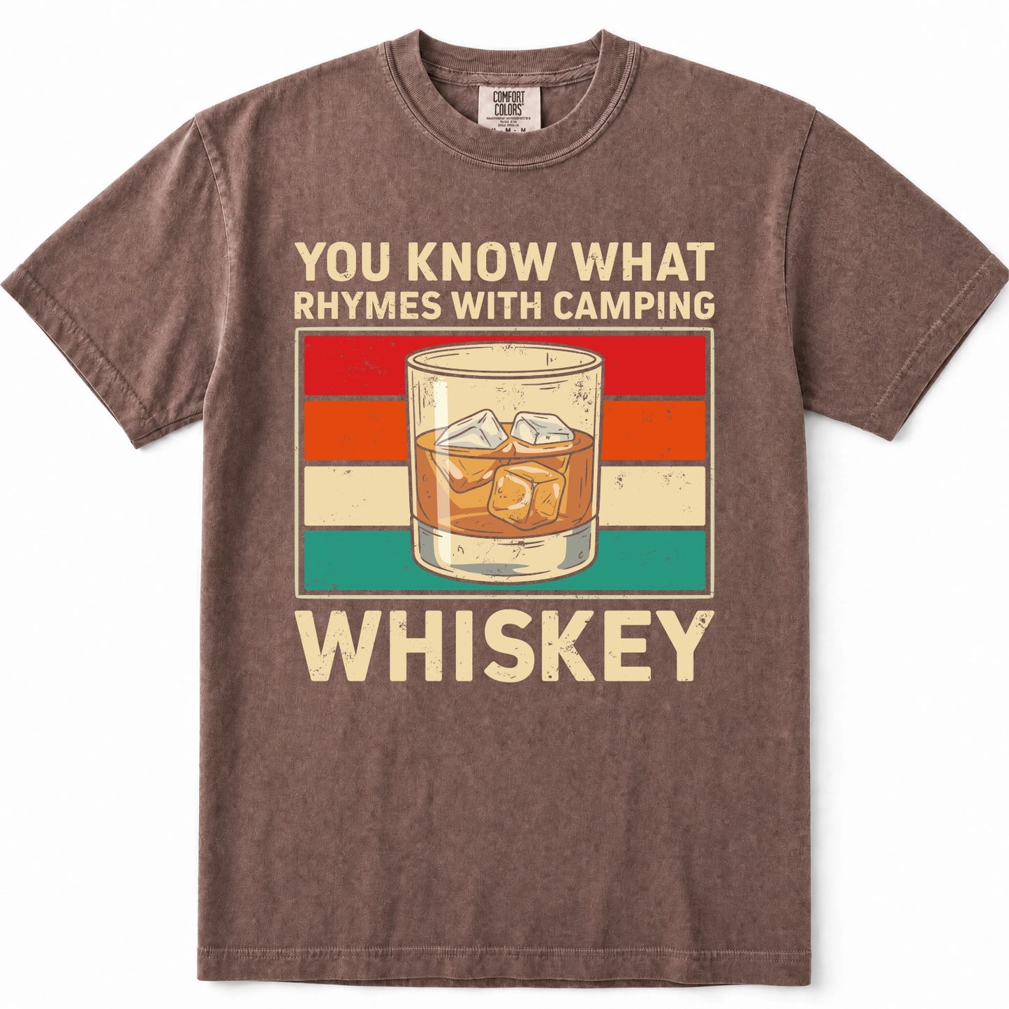 Espresso short-sleeve crewneck t-shirt with a vintage-style graphic that reads 'YOU KNOW WHAT RHYMES WITH CAMPING WHISKEY' around an illustration of a whiskey glass. The shirt is shown flat against a white background.