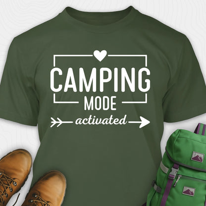 Green camping mode activated shirt with heart and arrow design