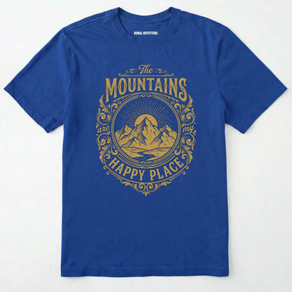 Royal t-shirt with yellow graphic and text on a white background