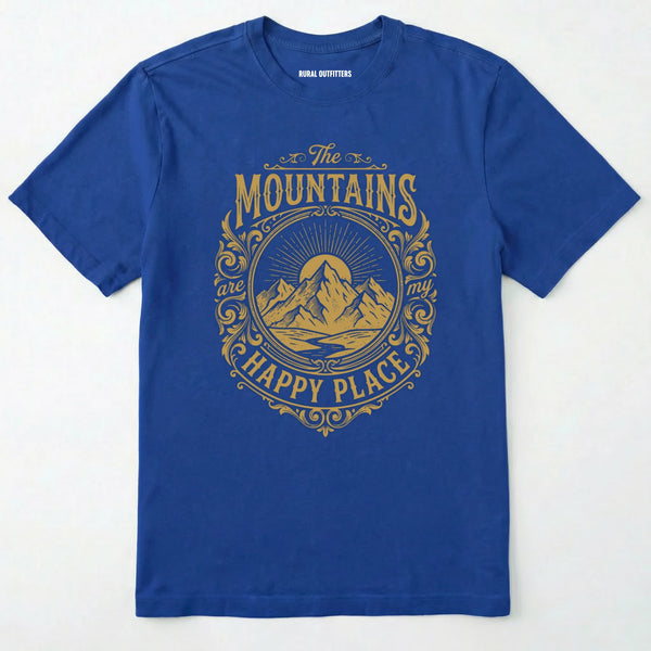 Royal t-shirt with yellow graphic and text on a white background