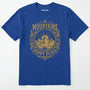 Royal t-shirt with yellow graphic and text on a white background