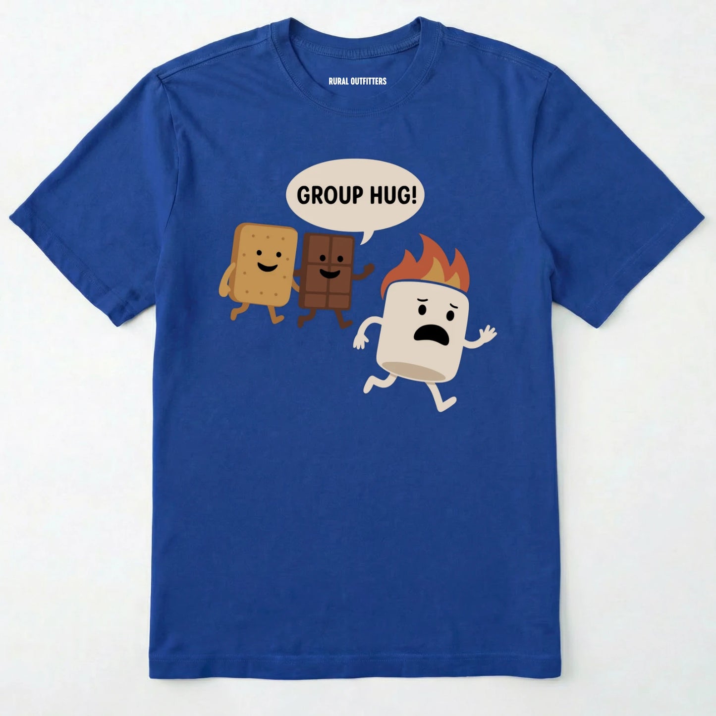 Royal smores shirt with marshmallow chocolate and graham cracker characters with "group hug!" text on a white background.