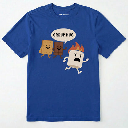 Royal smores shirt with marshmallow chocolate and graham cracker characters with "group hug!" text on a white background.