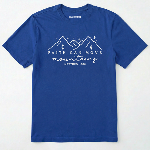 Royal faith can move mountains shirt with mountain scripture design on a white background.