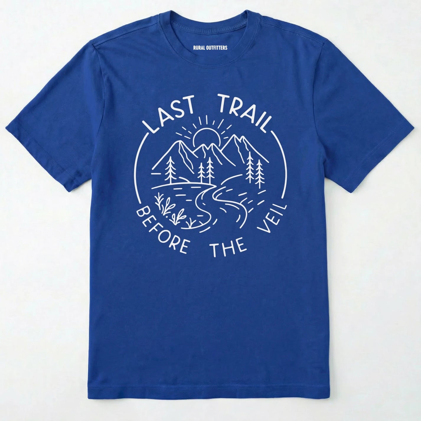 Royal nature-themed last trail before the veil shirt with line-art mountain scene on a white background.