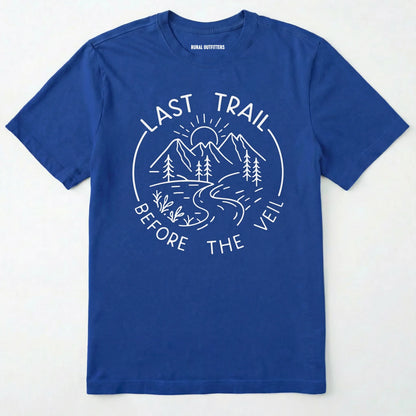 Royal nature-themed last trail before the veil shirt with line-art mountain scene on a white background.