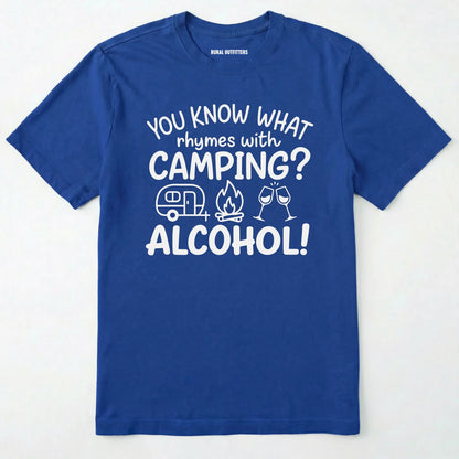 Royal you know what rhymes with camping alcohol shirt with camper, fire, and wine glass graphics on a white background.