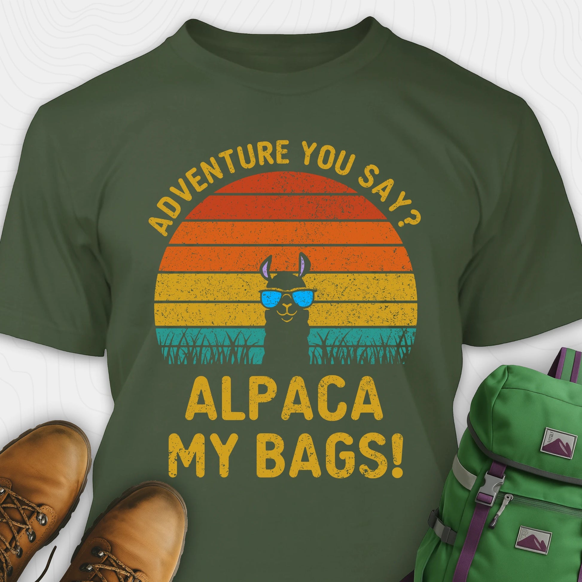 Green alpaca my bags shirt with retro sunset and llama graphic