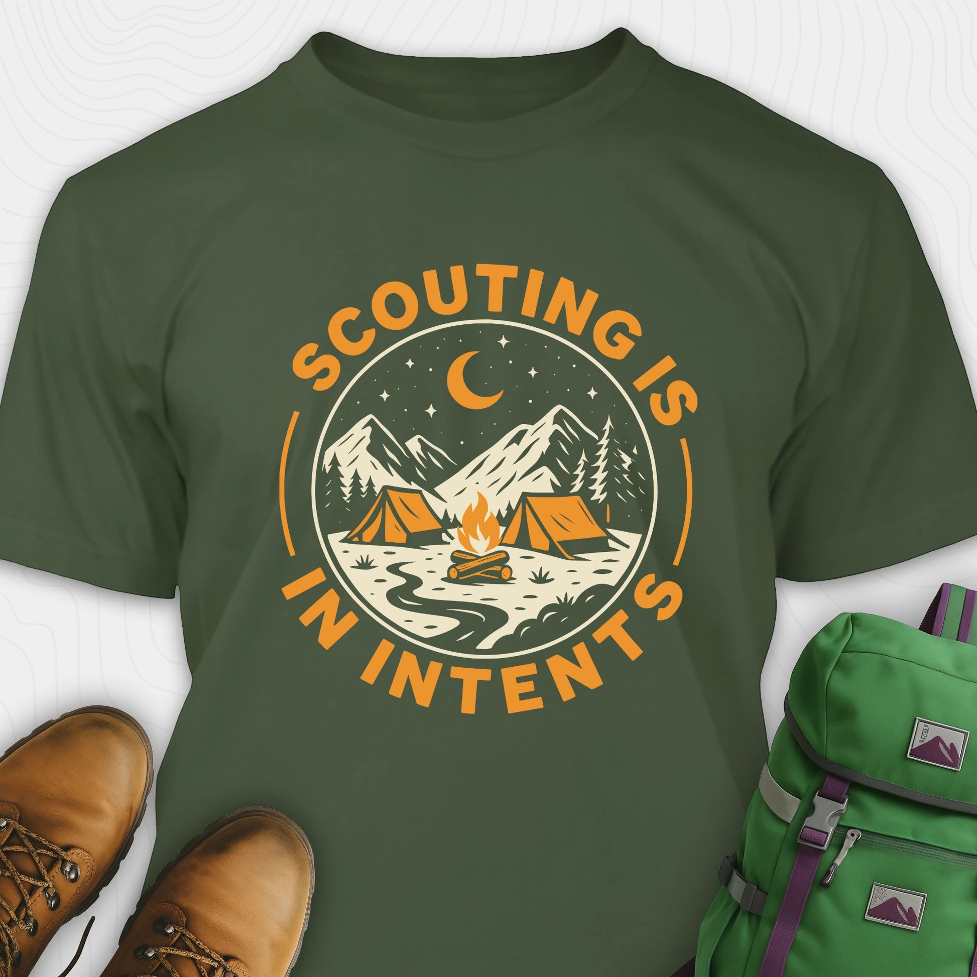 Green funny scout shirt with scouting is in tents text and camping graphic