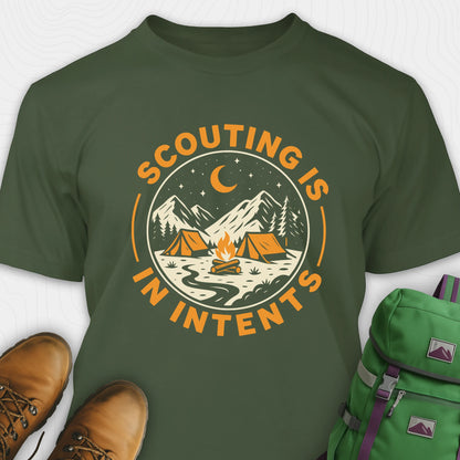 Green funny scout shirt with scouting is in tents text and camping graphic