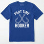 Royal t-shirt with 'part time hooker' text and fishhooks design on a white background