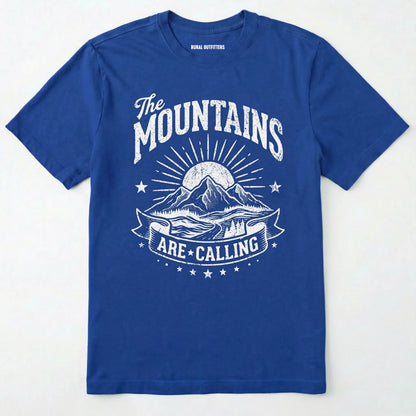 Royal t-shirt with 'the mountains are calling' graphic design on a white background