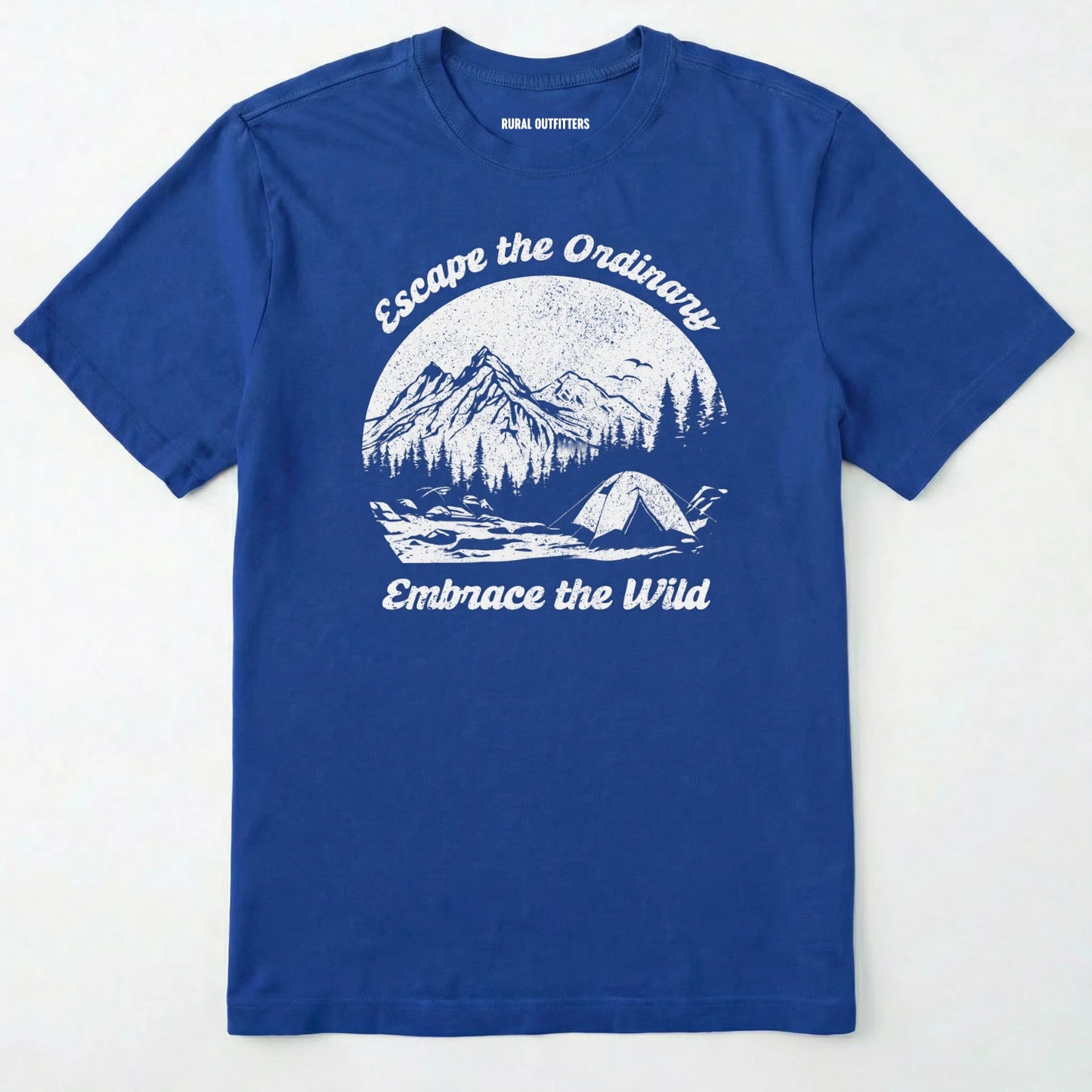 Royal escape the ordinary t-shirt with mountain and tent graphic on a white background.