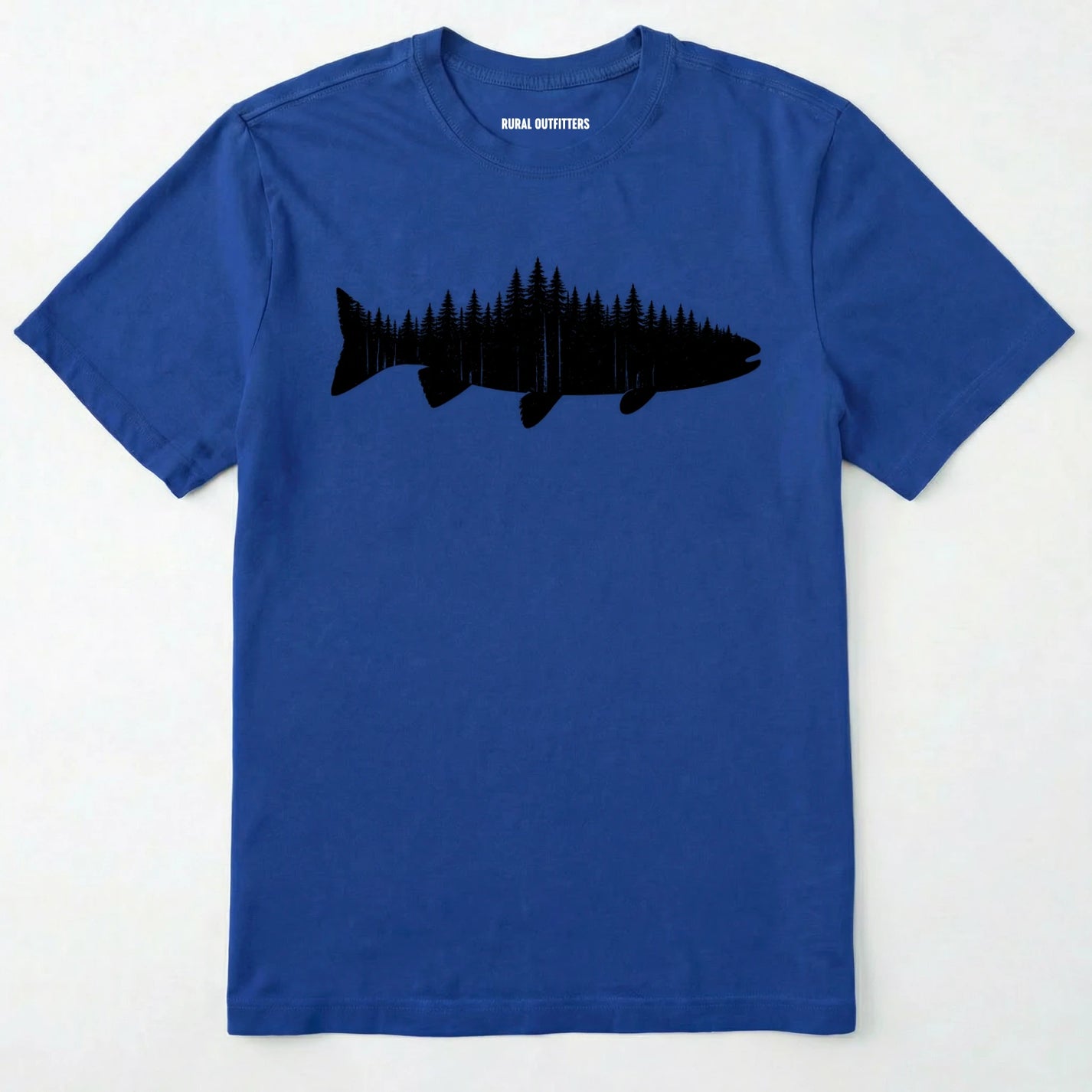 Royal t-shirt with a black fish and forest design on a white background