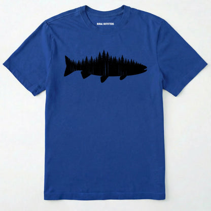 Royal t-shirt with a black fish and forest design on a white background