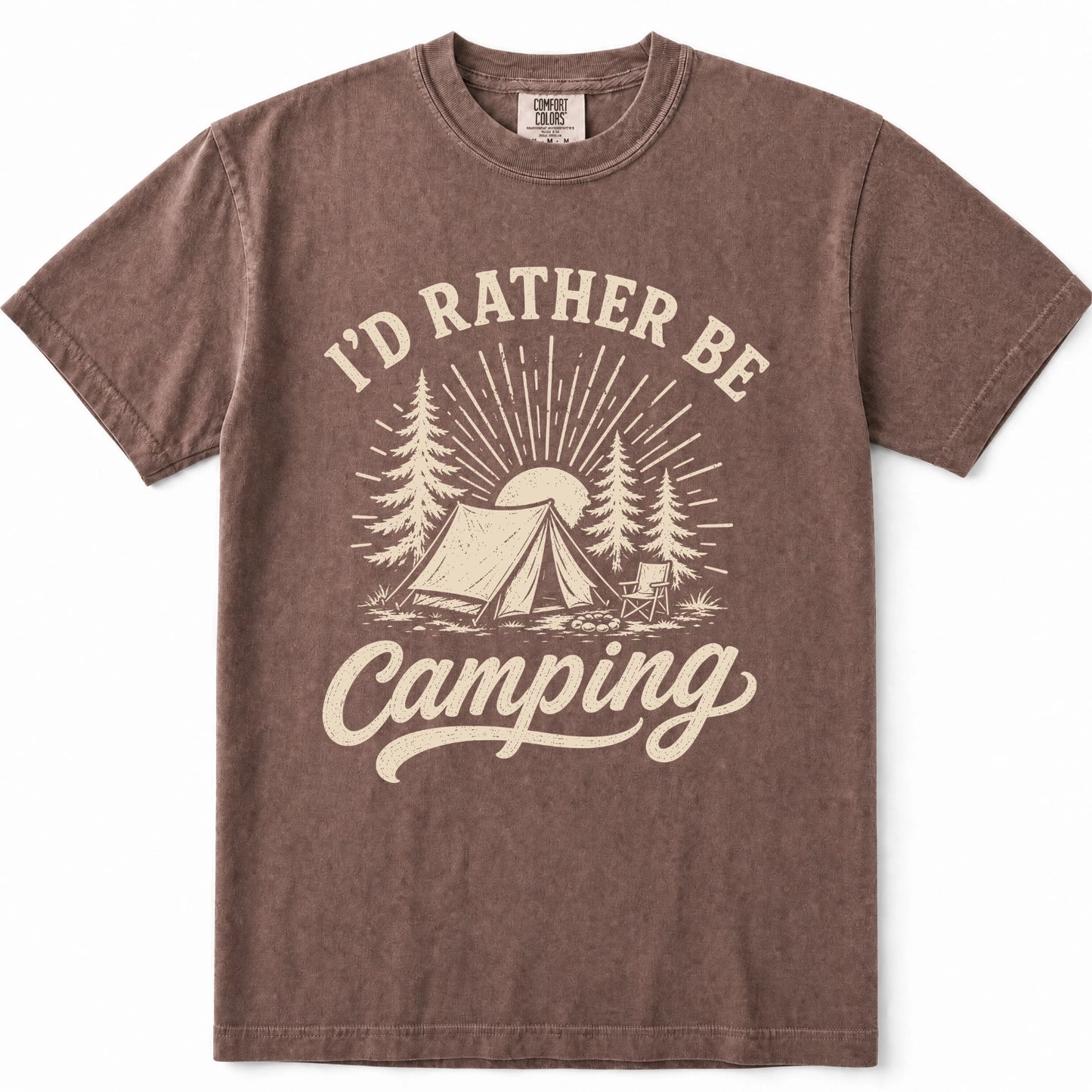 Espresso short-sleeve crewneck t-shirt with a cream-colored graphic print that reads 'I'D RATHER BE Camping' with an illustration of a tent, trees, and a sun.