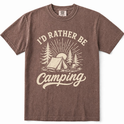 Espresso short-sleeve crewneck t-shirt with a cream-colored graphic print that reads 'I'D RATHER BE Camping' with an illustration of a tent, trees, and a sun.