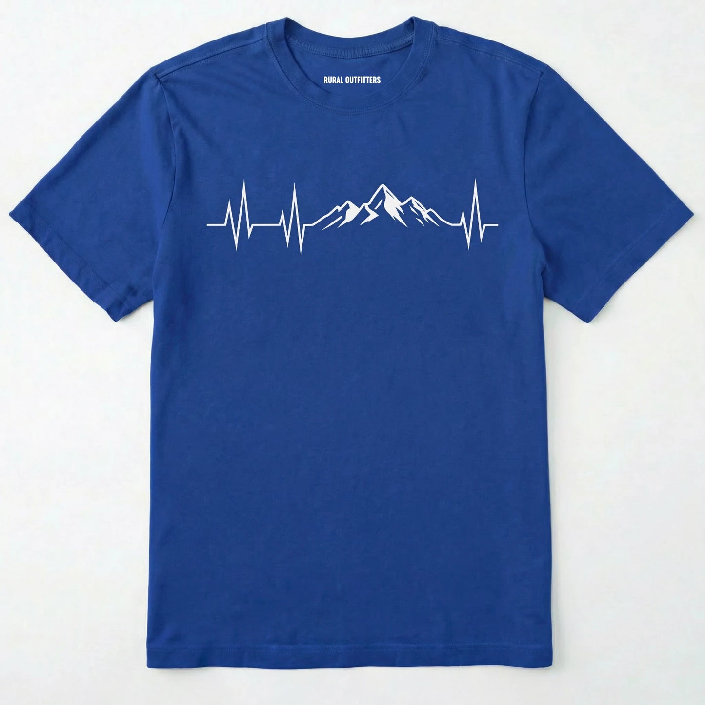 Royal mountain heartbeat t-shirt featuring heartbeat and mountain peaks on a white background.