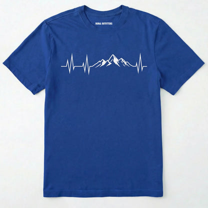 Royal mountain heartbeat t-shirt featuring heartbeat and mountain peaks on a white background.