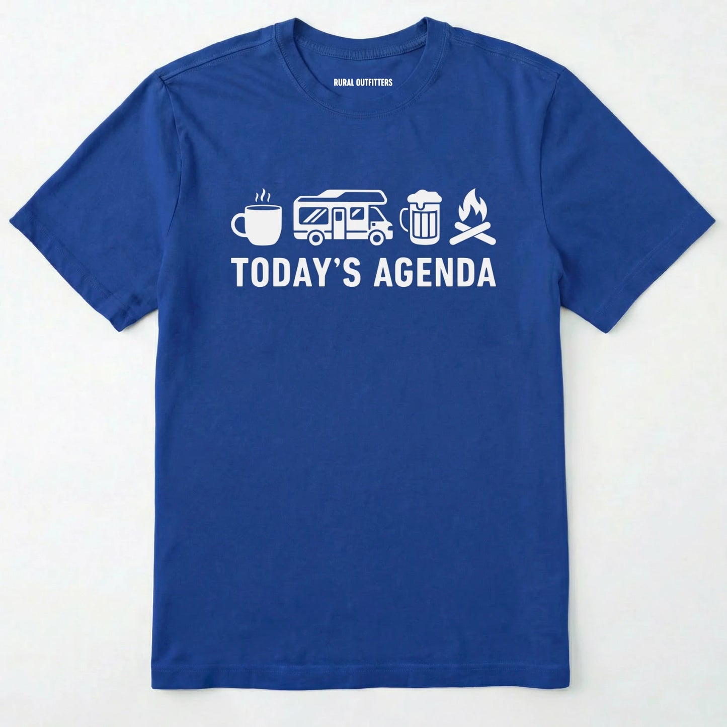 Royal rv life shirt with coffee, rv beer and campfire icons with 'today's agenda' text on a white background.