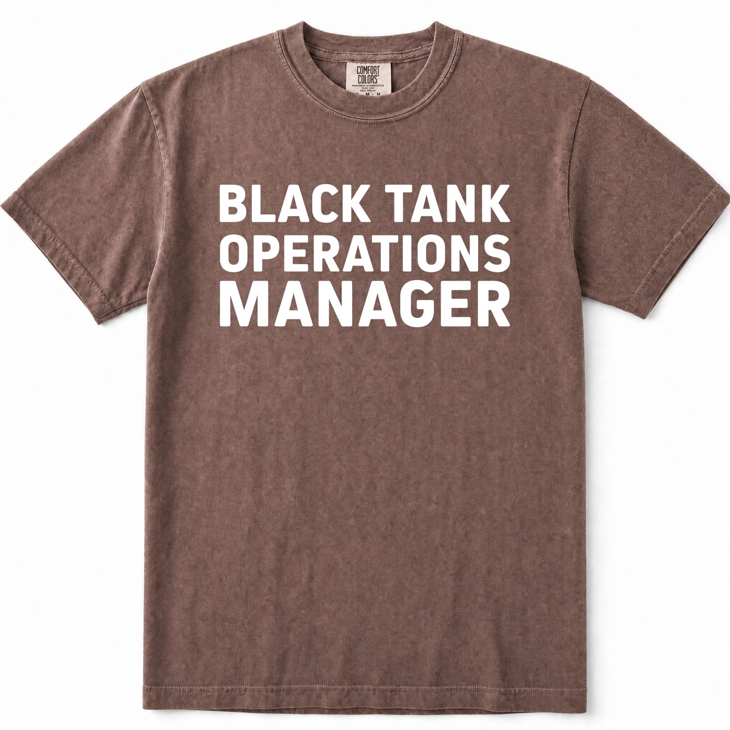 Espresso brown acid-wash t-shirt with 'BLACK TANK OPERATIONS MANAGER' printed in bold white capital letters on the chest, displayed flat against a white background.