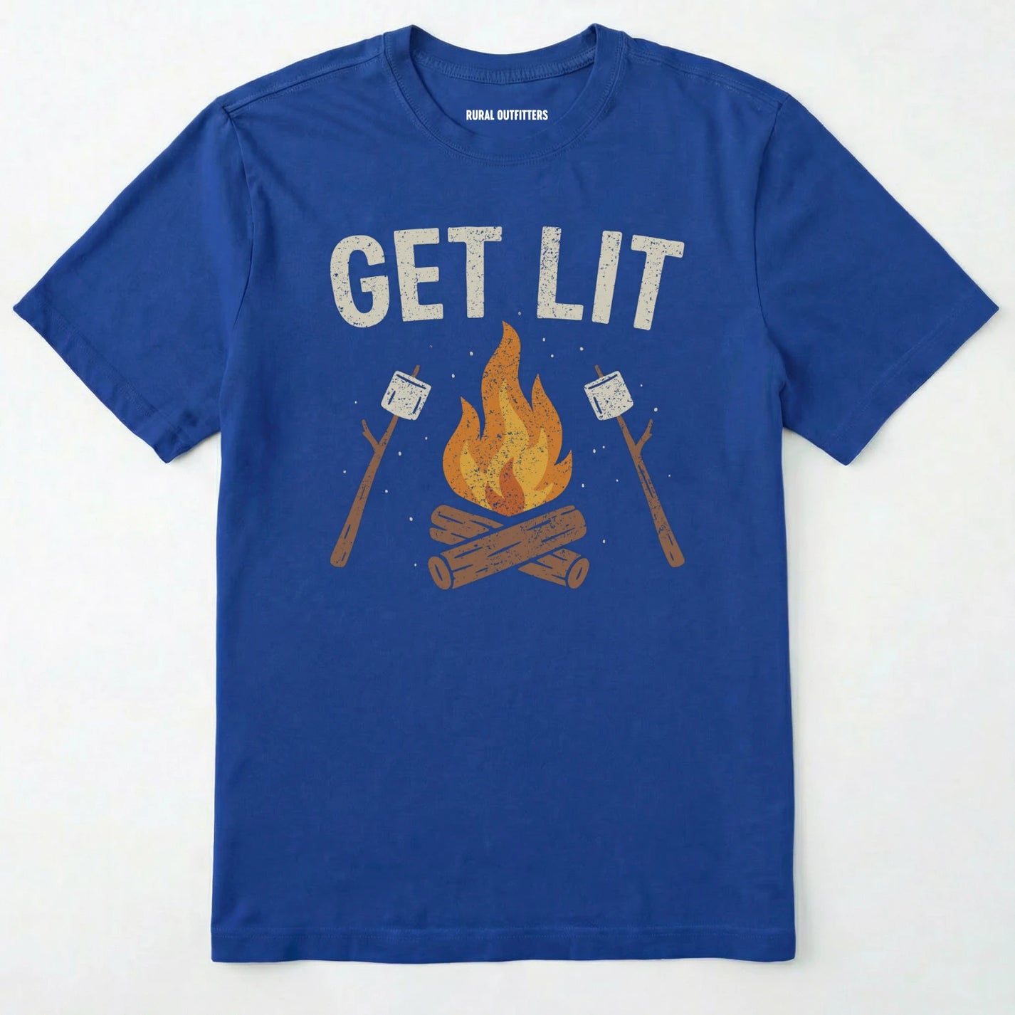 Royal let⊙s get lit shirt with campfire and marshmallows graphic on a white background.