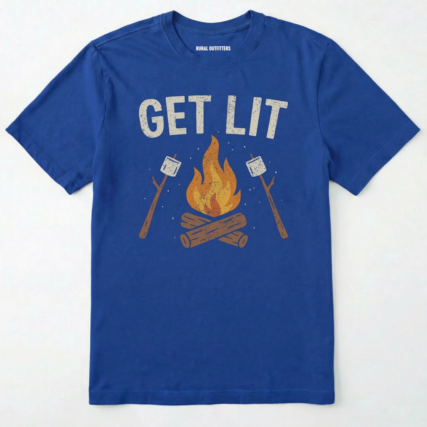 Royal let⊙s get lit shirt with campfire and marshmallows graphic on a white background.