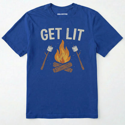 Royal let⊙s get lit shirt with campfire and marshmallows graphic on a white background.
