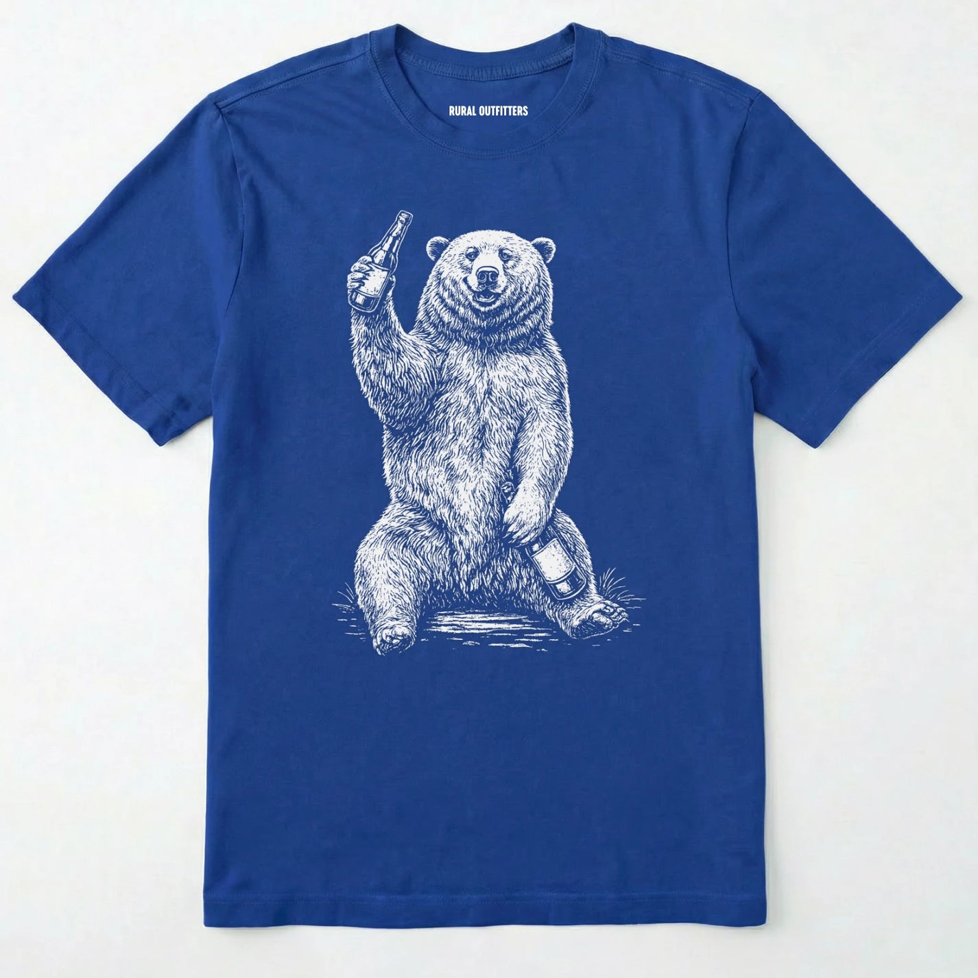 Royal brown bear shirt with a bear graphic holding a beer bottle on a white background.