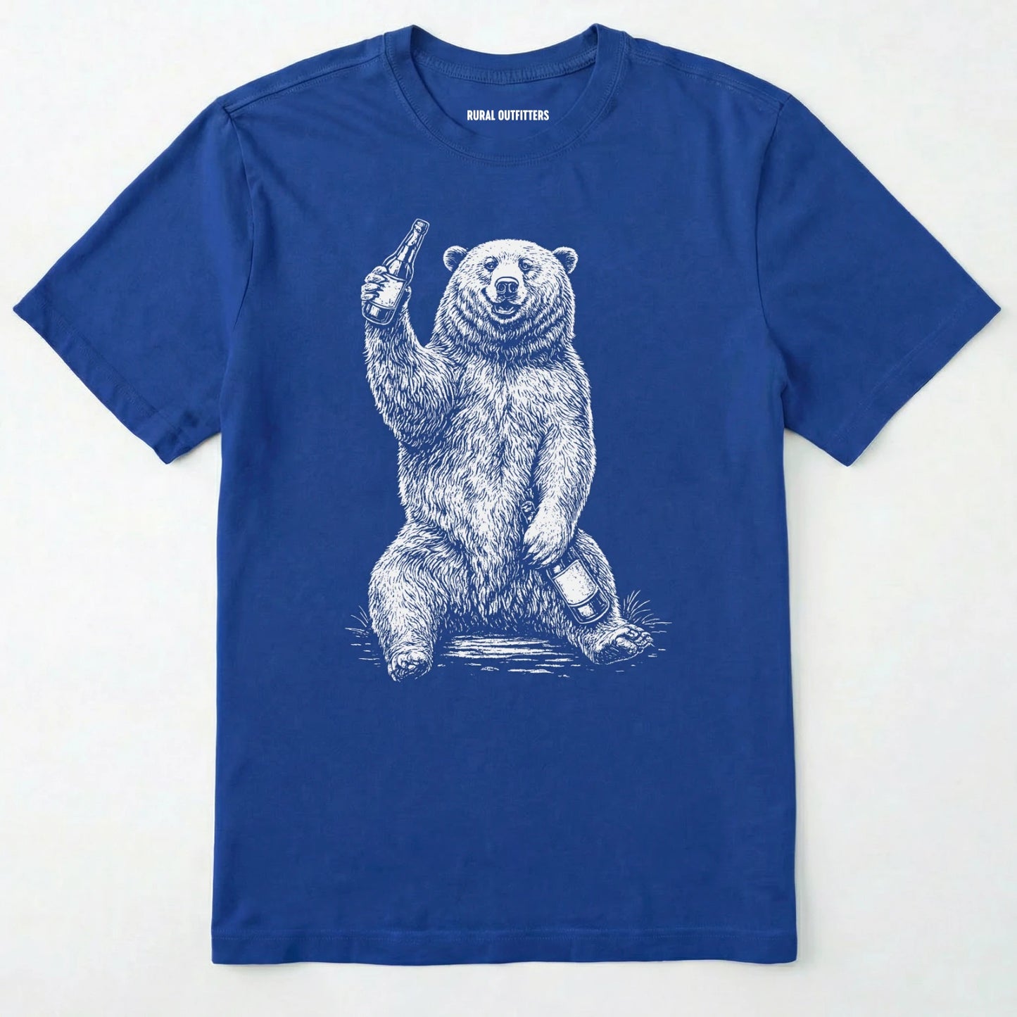 Royal brown bear shirt with a bear graphic holding a beer bottle on a white background.