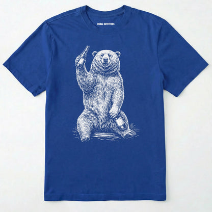 Royal brown bear shirt with a bear graphic holding a beer bottle on a white background.