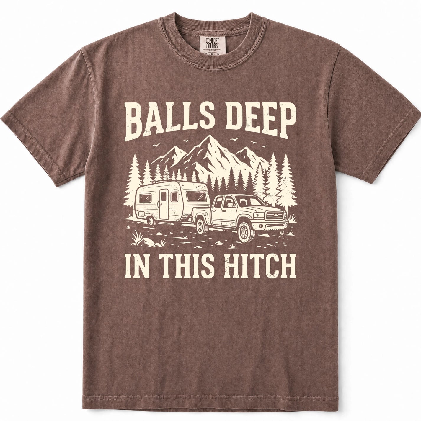 Espresso brown short-sleeve crewneck t-shirt with a vintage-style cream graphic of a pickup truck towing a camper trailer in front of mountains and pine trees, with the text 'BALLS DEEP' above and 'IN THIS HITCH' below.