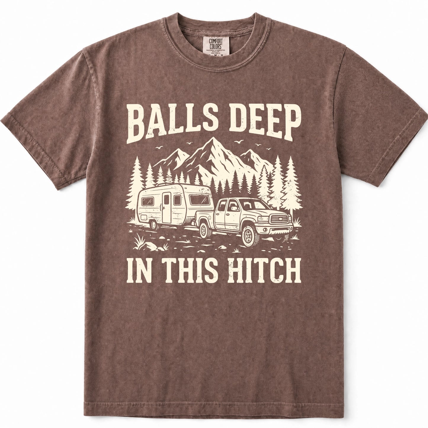 Espresso brown short-sleeve crewneck t-shirt with a vintage-style cream graphic of a pickup truck towing a camper trailer in front of mountains and pine trees, with the text 'BALLS DEEP' above and 'IN THIS HITCH' below.