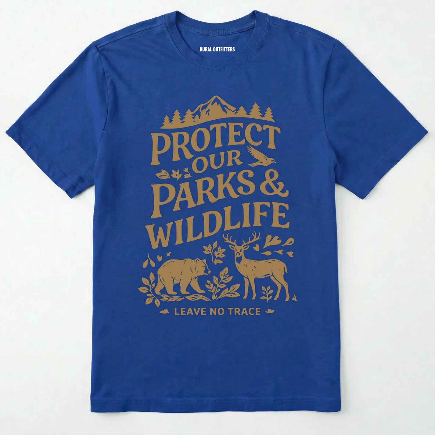 Royal t-shirt with gold text and graphics on a white background