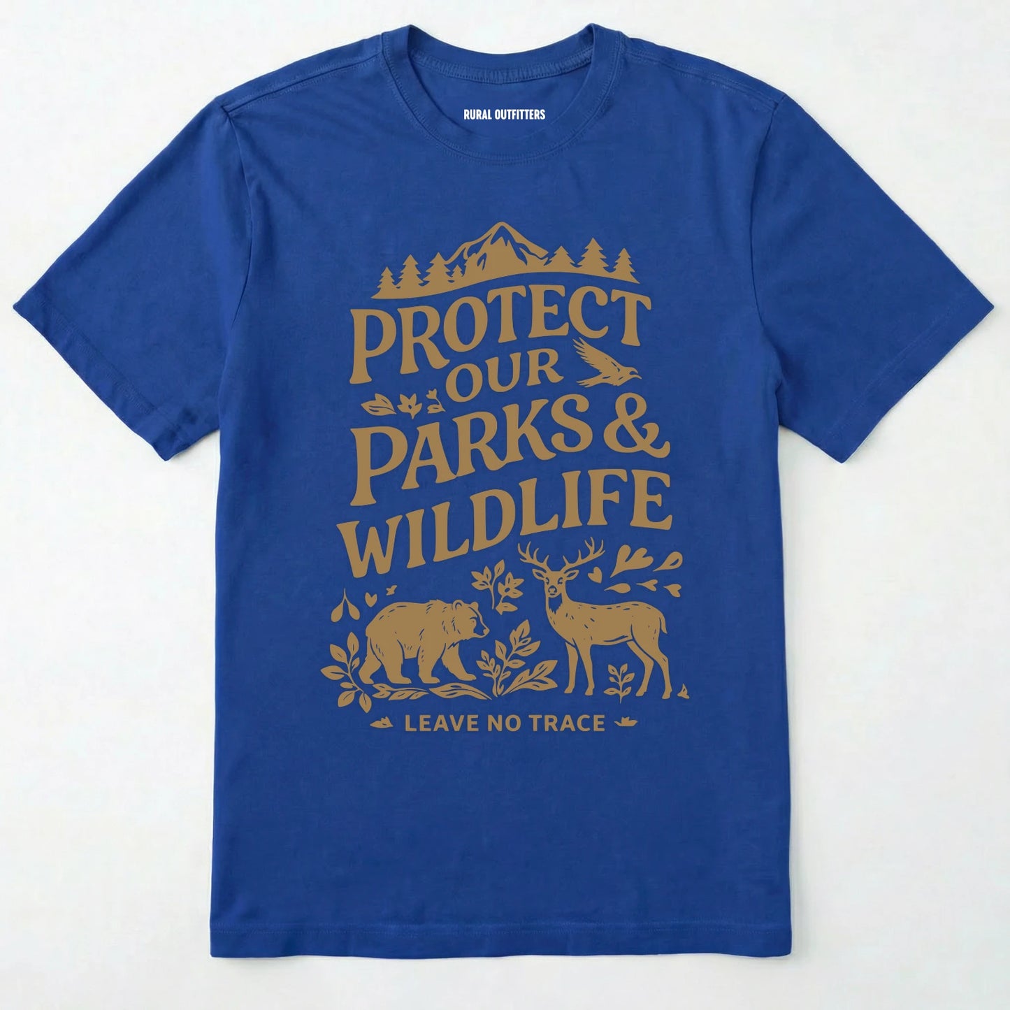 Royal t-shirt with gold text and graphics on a white background